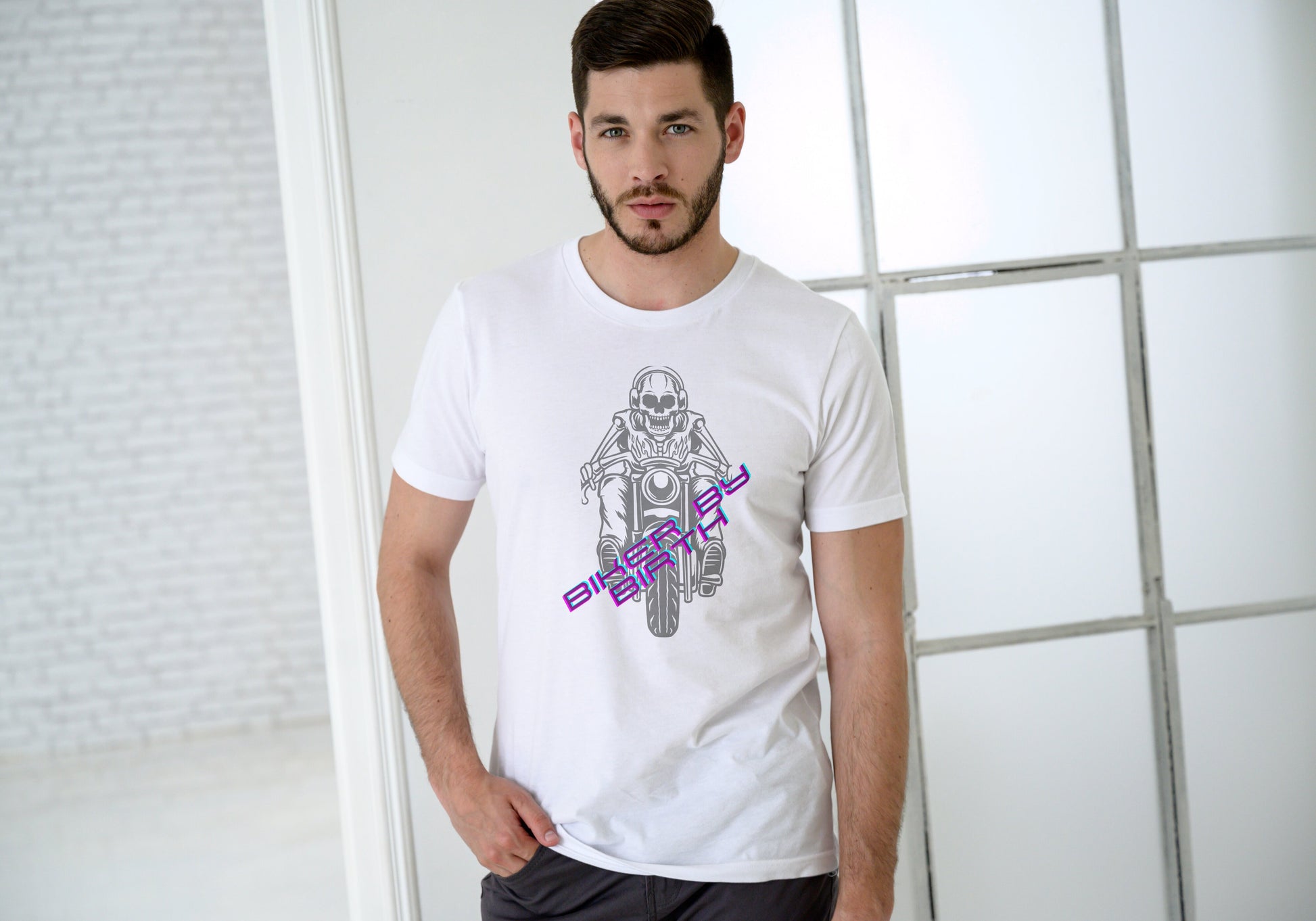 Men's Biker By Birth Skull T-shirt White by ZealforTee