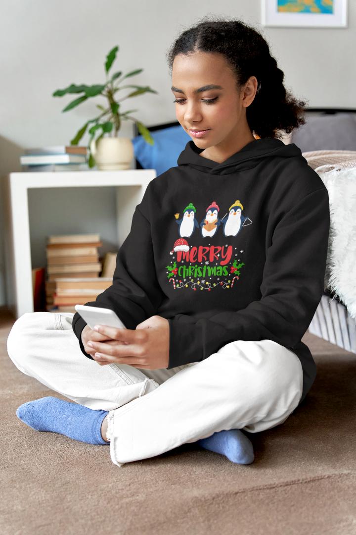 Christmas Penguin Hoodie Black by ZealforTee