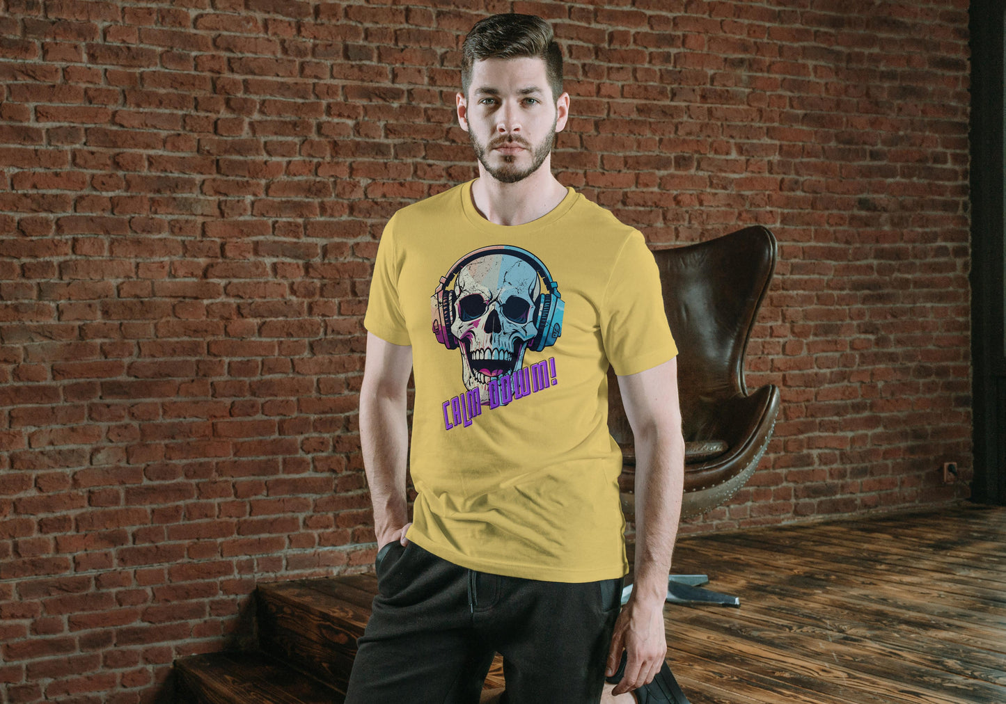 Men's Calm Down Skull T-shirt Yellow by ZealforTee