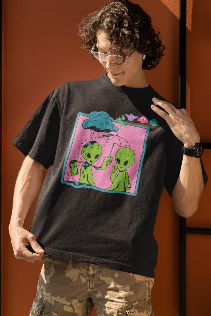 Men's Alien Couple in Rain Oversized T shirt White by ZealforTee
