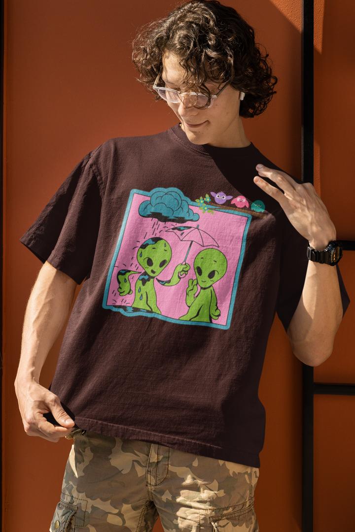 Men's Alien Couple in Rain Oversized T shirt White by ZealforTee