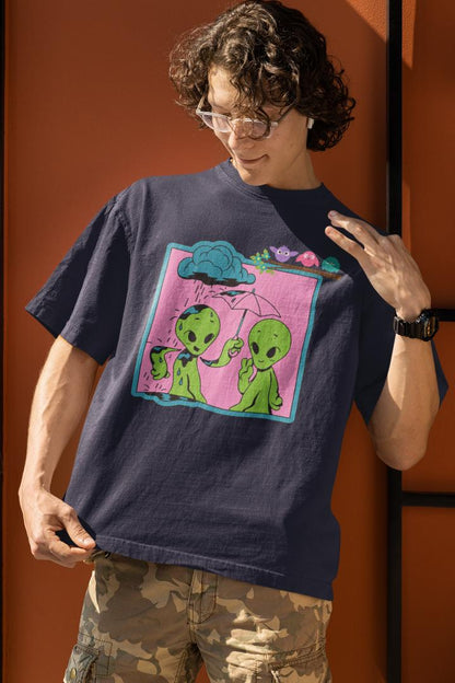 Men's Alien Couple in Rain Oversized T shirt White by ZealforTee