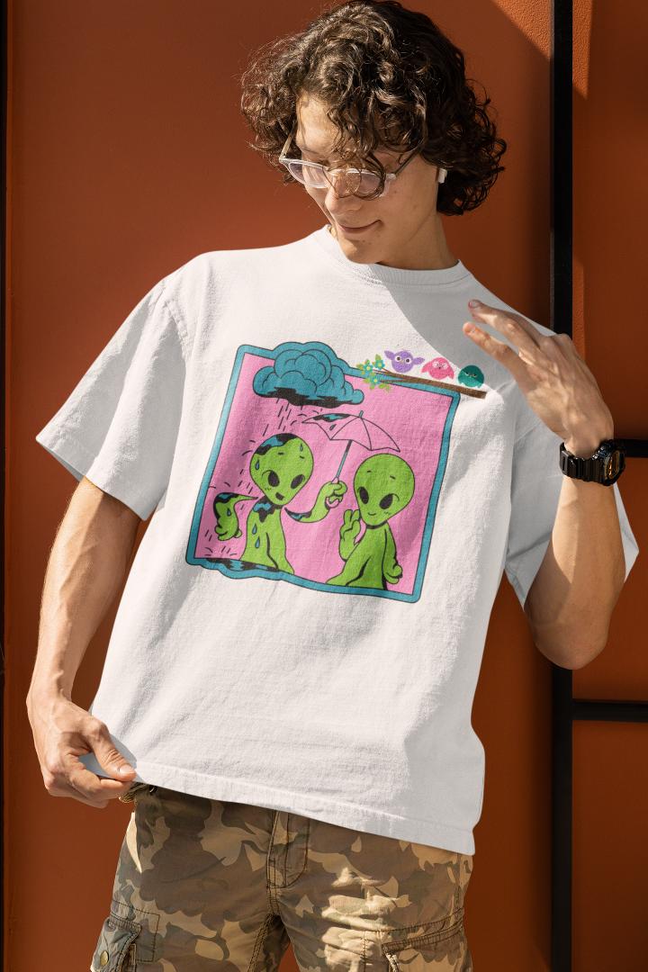 Men's Alien Couple in Rain Oversized T shirt White by ZealforTee