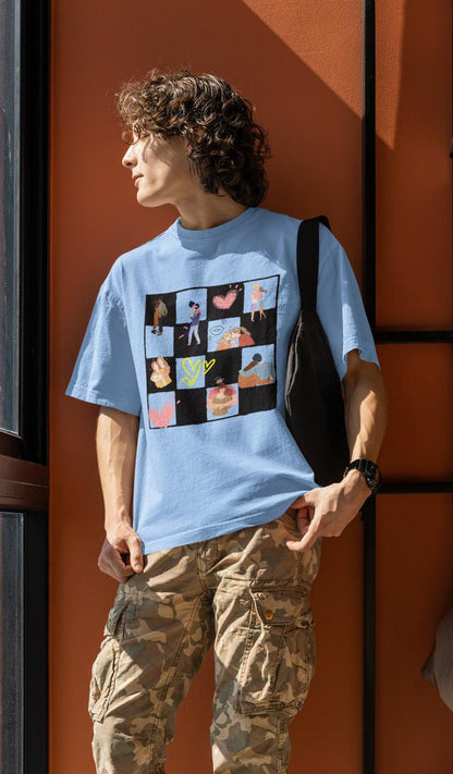 Men's Chess Board Hugs N Kisses Oversized T shirt Baby Blue by ZealforTee
