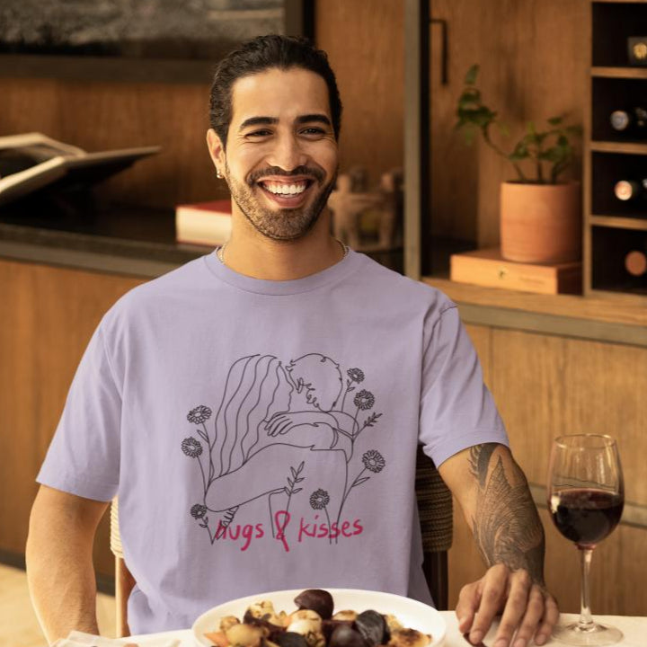 Men's Line Art Hugs N Kisses Oversized T shirt Light Baby Pink by ZealforTee