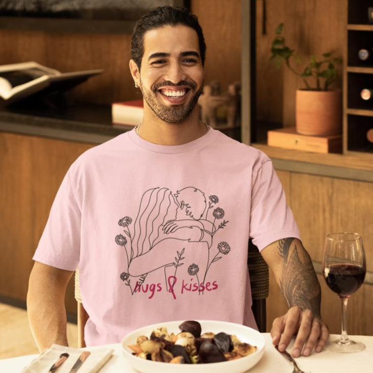 Men's Line Art Hugs N Kisses Oversized T shirt Light Baby Pink by ZealforTee