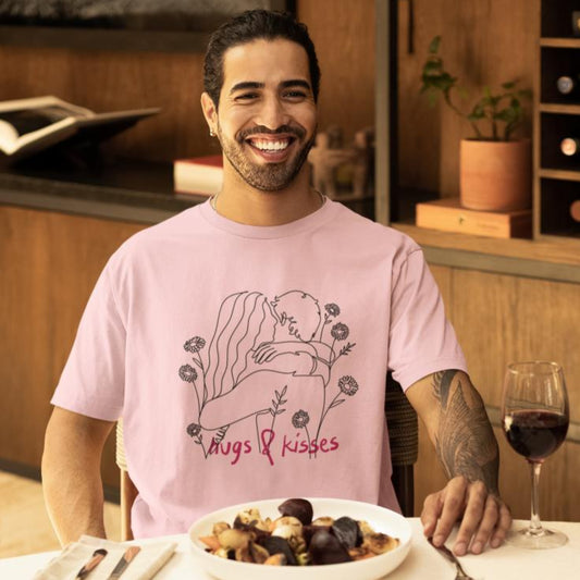 Men's Line Art Hugs N Kisses Oversized T shirt Light Baby Pink by ZealforTee