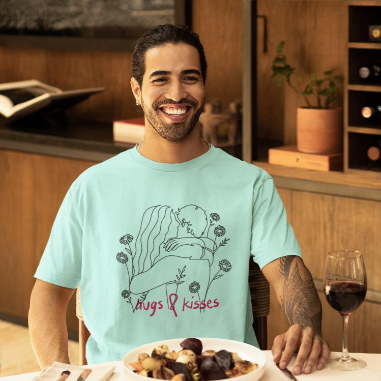 Men's Line Art Hugs N Kisses Oversized T shirt Light Baby Pink by ZealforTee