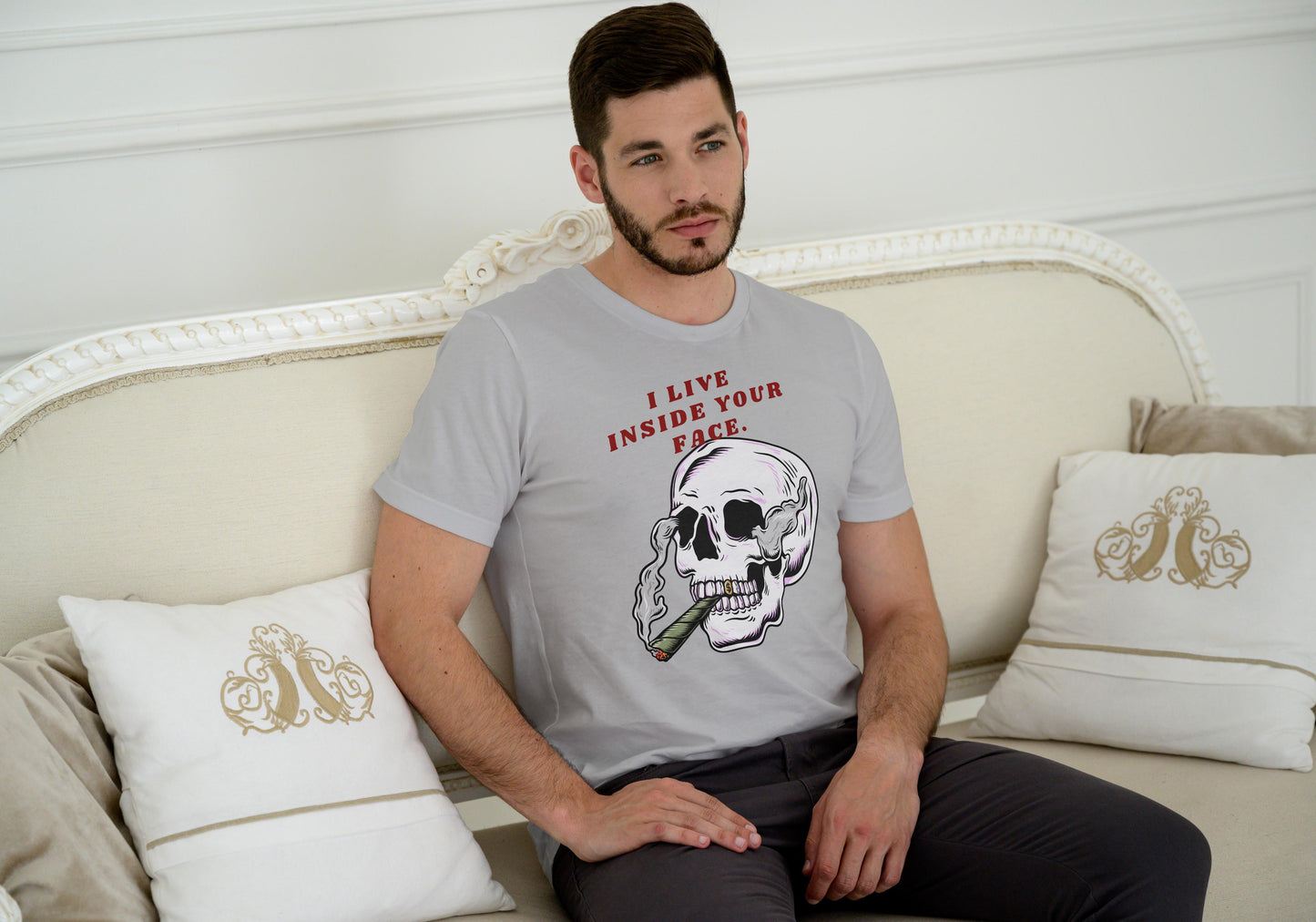 Men's Living Inside Face Skull T-shirt Grey Melange by ZealforTee