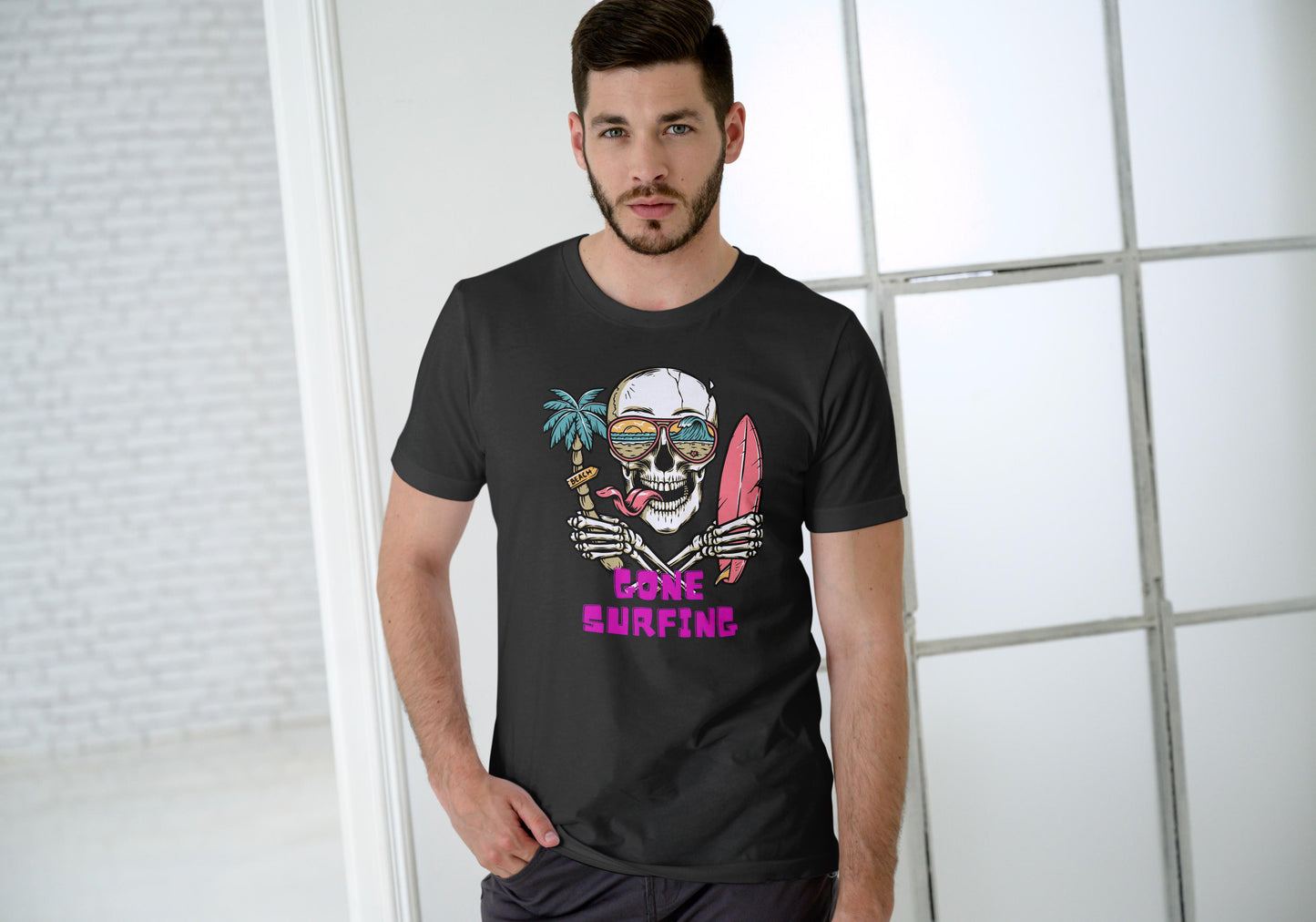 Men's Gone Surfing Skull T-shirt Black by ZealforTee
