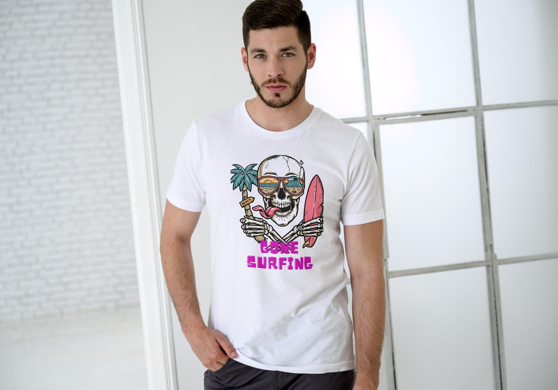 Men's Gone Surfing Skull T-shirt Black by ZealforTee