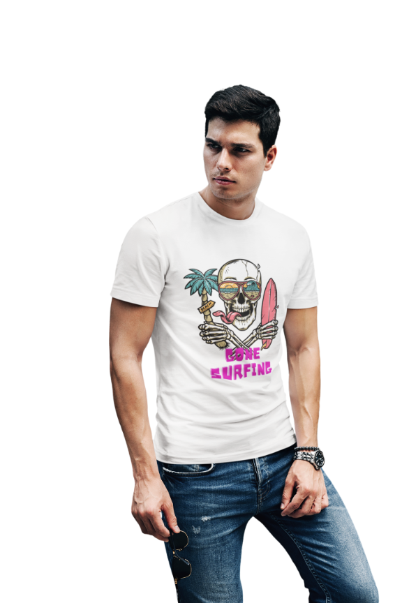 Men's Gone Surfing Skull T-shirt Black by ZealforTee