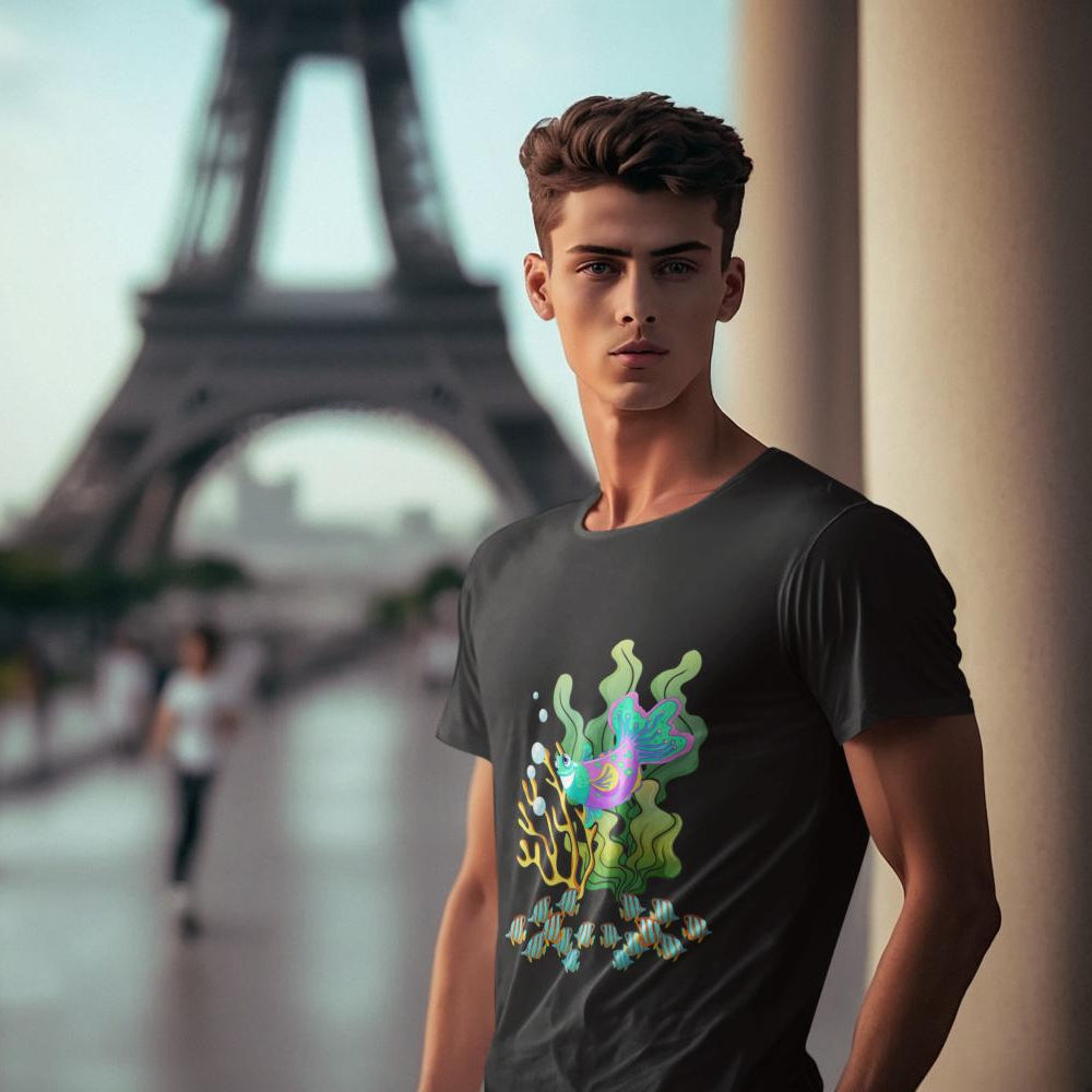 Men's Green Coral with Fish T-shirt Black by ZealforTee