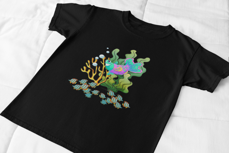 Men's Green Coral with Fish T-shirt Black by ZealforTee