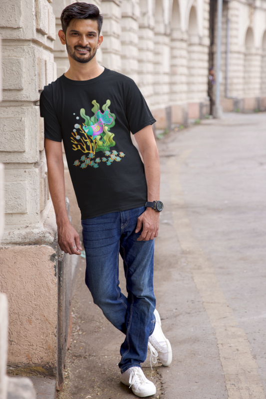Men's Green Coral with Fish T-shirt Black by ZealforTee