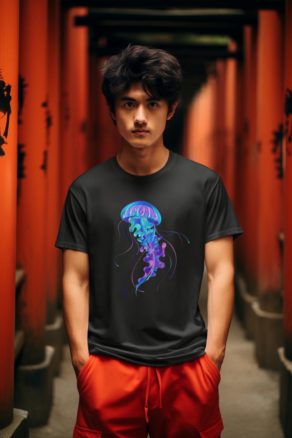 Men's Blue Jellyfish Tshirt Black by ZealforTee