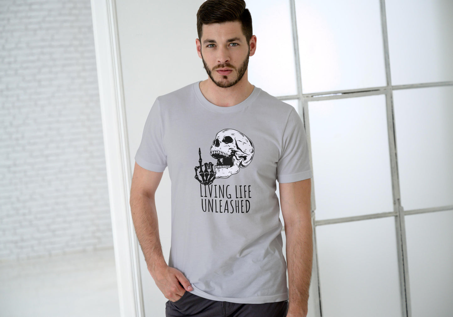 Men's Living Life Unleashed Skull T-shirt Grey Melange by ZealforTee