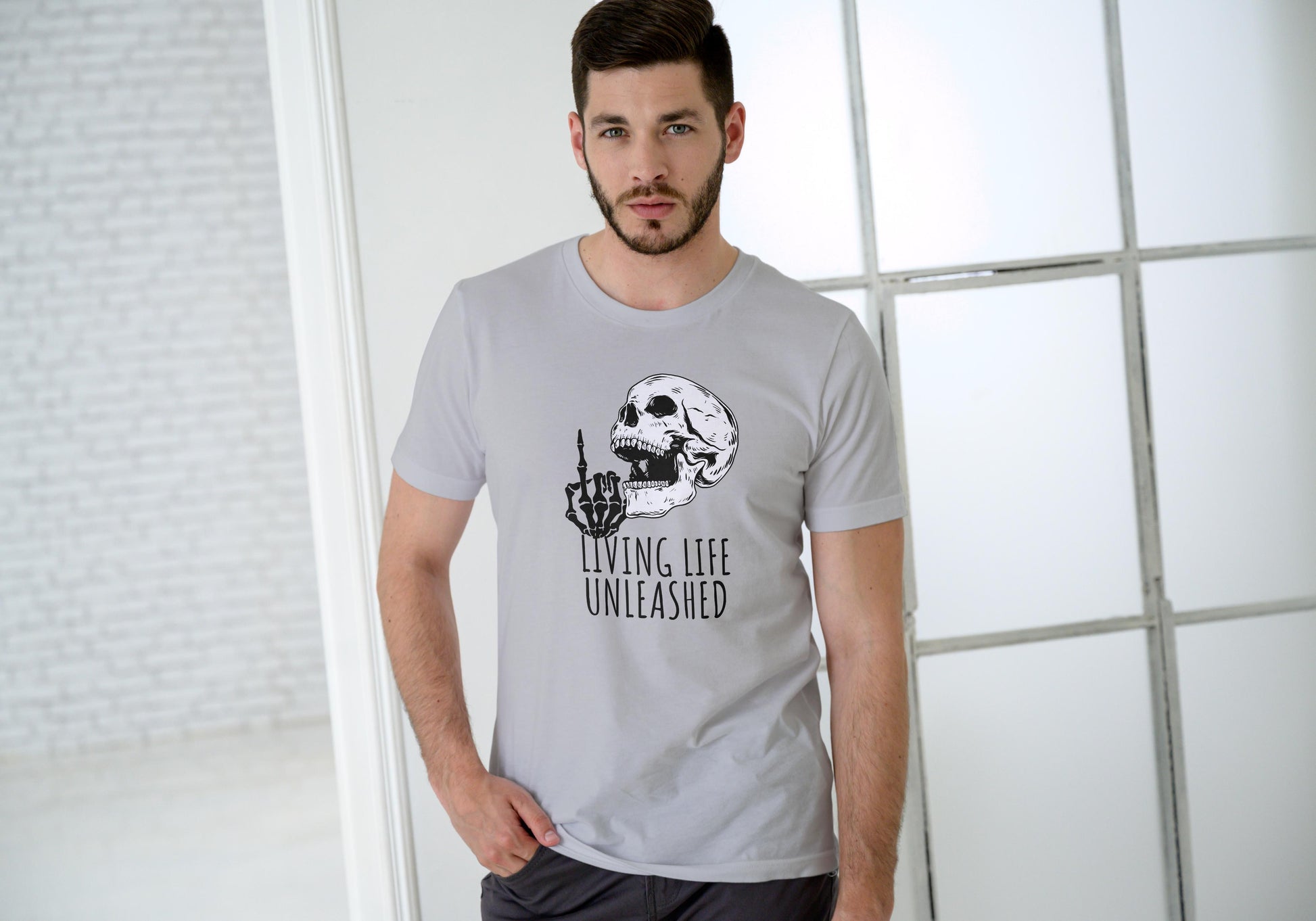Men's Living Life Unleashed Skull T-shirt Grey Melange by ZealforTee