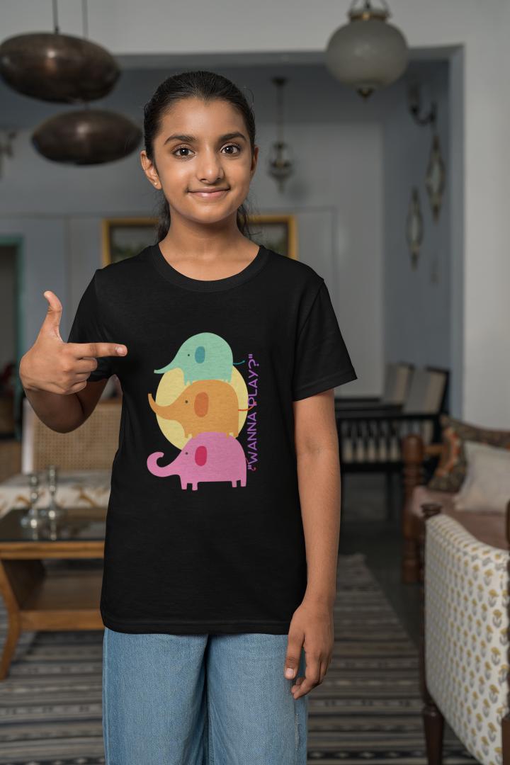 Kid's Wanna Play Elephant Unisex Tshirt Black by ZealforTee