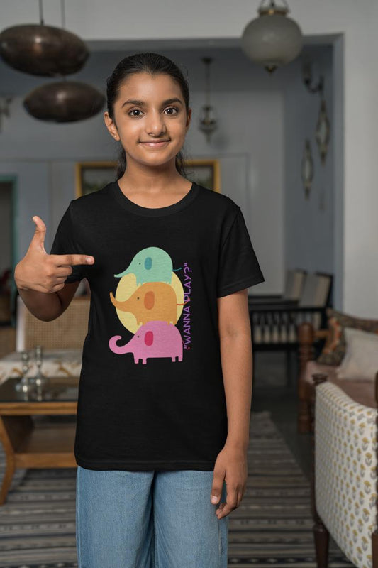 Kid's Wanna Play Elephant Unisex Tshirt Black by ZealforTee