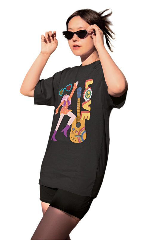 Women's Love for Guitar Oversized T shirt Black by ZealforTee
