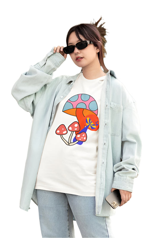 Women's Vibrant Mushroom Oversized T shirt White by ZealforTee
