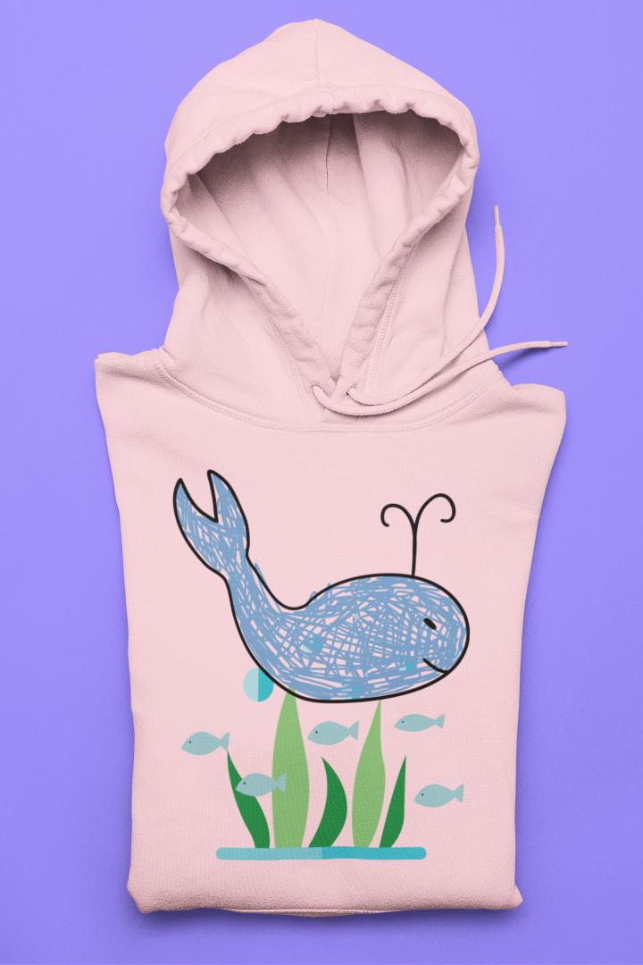 Women's Crayon Whale Hoodie Sweatshirt Light Baby Pink by ZealforTee
