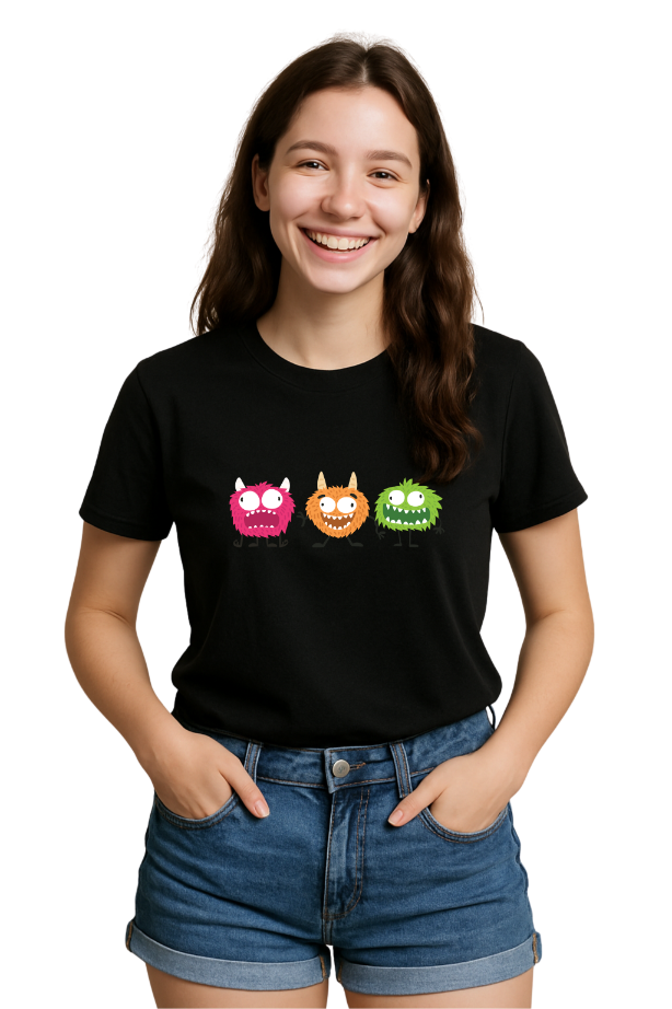 Women Cute Monsters Black T-shirt by ZealforTee