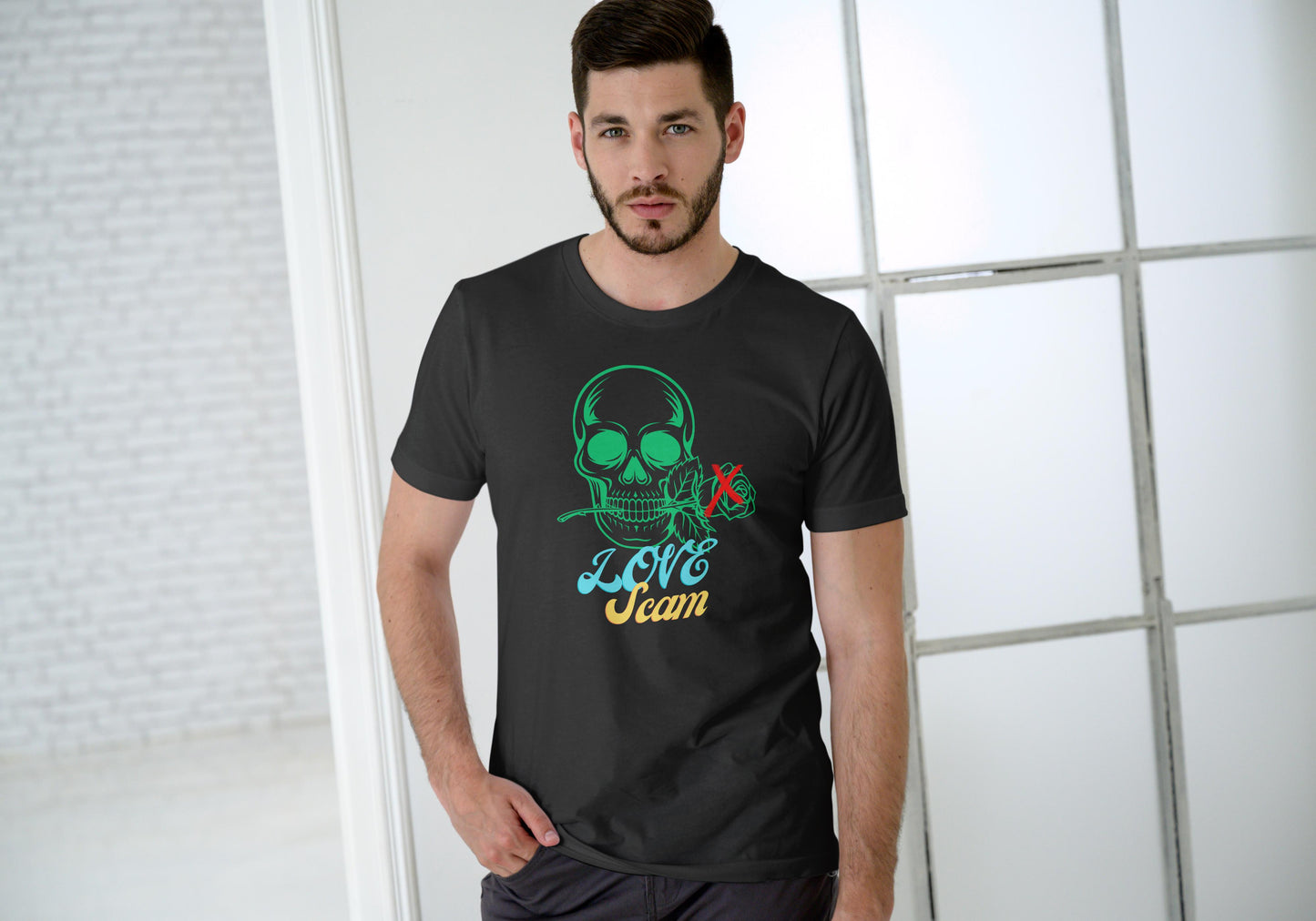 Men's Love Scam Skull T-shirt Black by ZealforTee