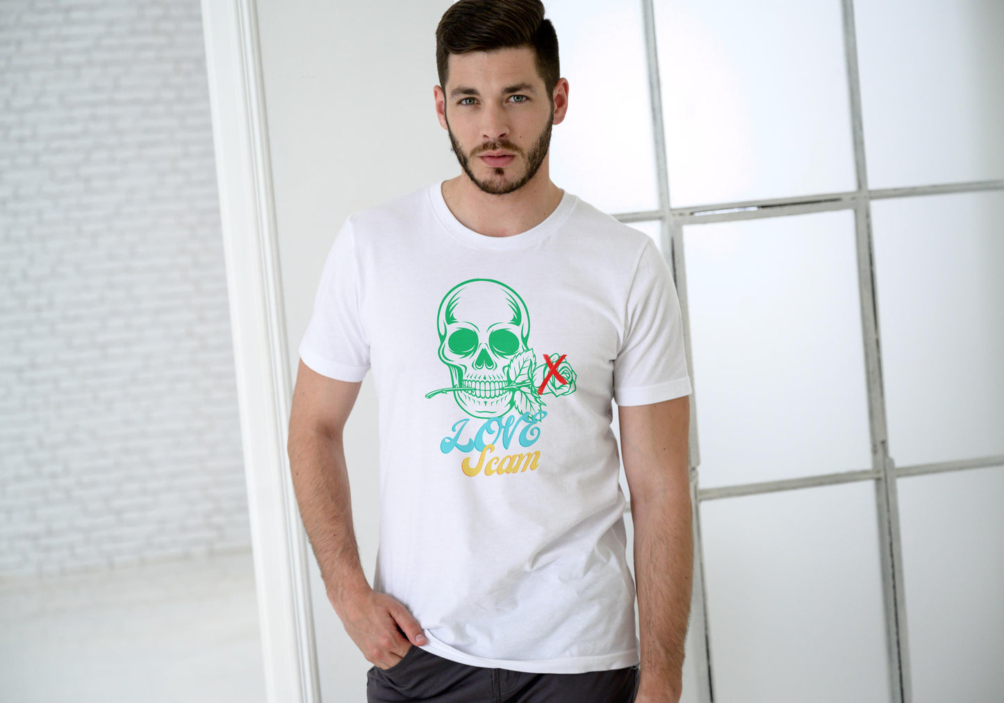 Men's Love Scam Skull T-shirt White by ZealforTee