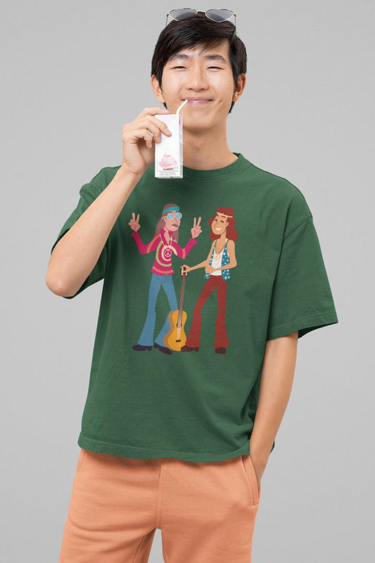 Men's Trippy Men With Guitar Oversized T shirt Bottle Green by ZealforTee