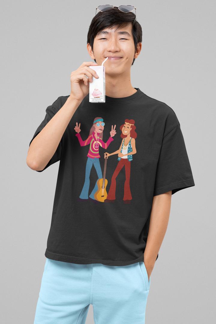 Men's Trippy Men With Guitar Oversized T shirt Bottle Green by ZealforTee