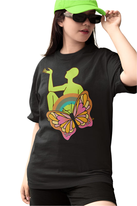 Women's Shades of Butterfly Oversized T shirt Black by ZealforTee