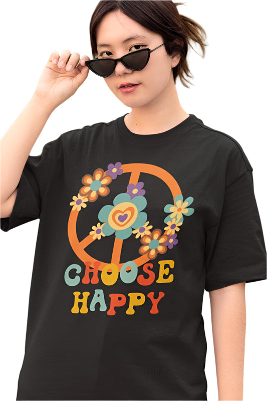 Women's Choose Happy Oversized T shirt Black by ZealforTee