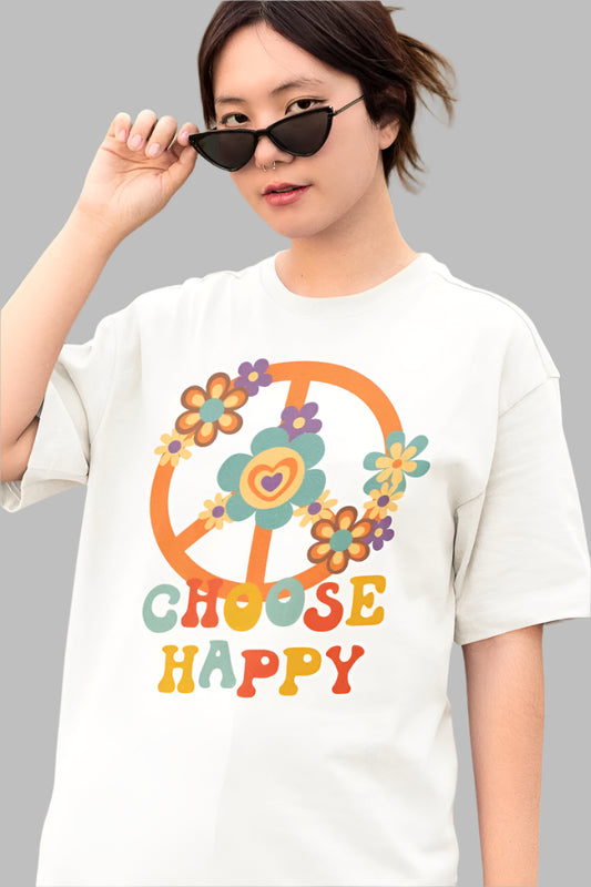 Women's Choose Happy Oversized T shirt Black by ZealforTee