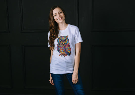 Women Colorful Owl T-shirt Black by ZealforTee