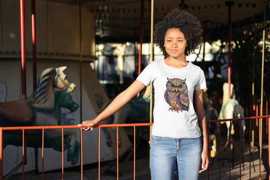 Women Colorful Owl T-shirt White by ZealforTee