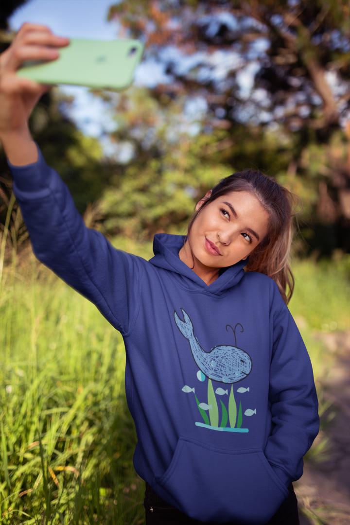 Women's Crayon Whale Hoodie Sweatshirt Black by ZealforTee