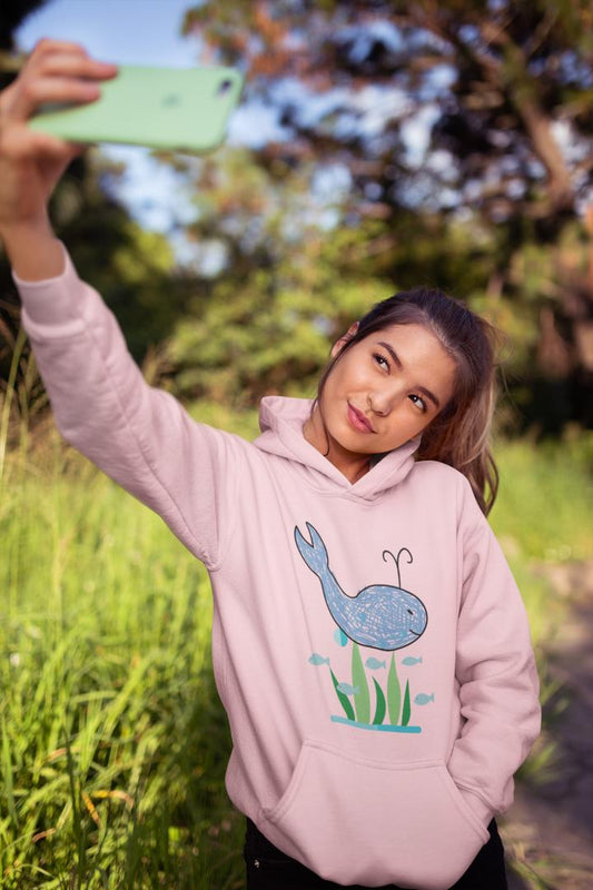 Women's Crayon Whale Hoodie Sweatshirt Light Baby Pink by ZealforTee