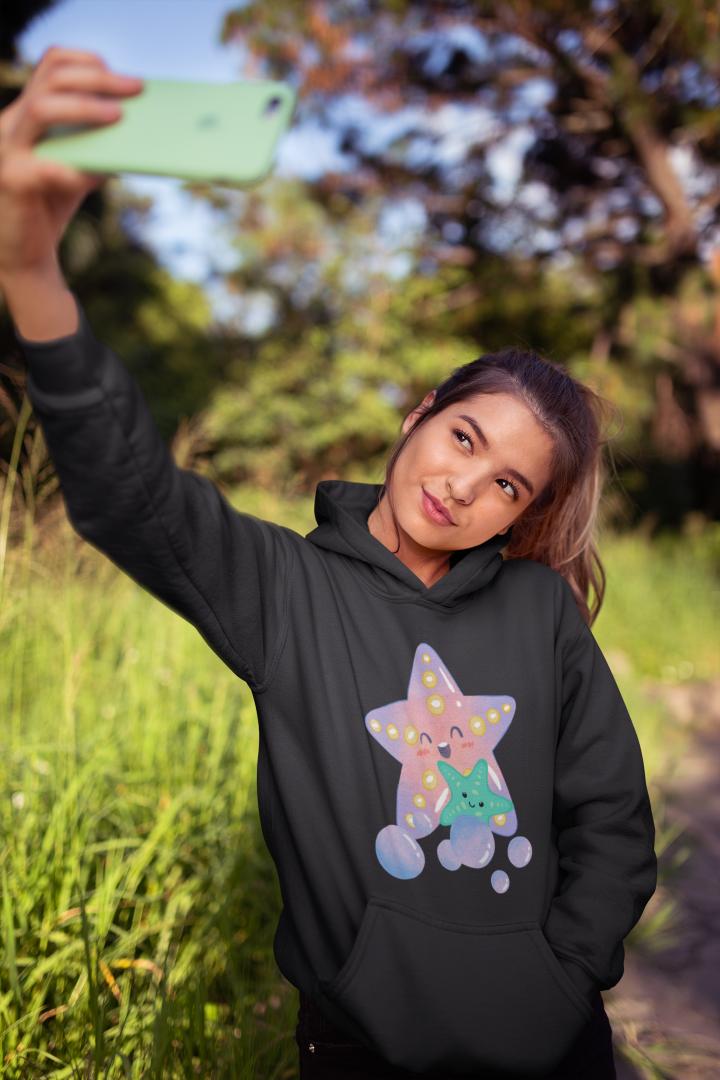 Women's Starfish with Kids Hoodie Sweatshirt Black by ZealforTee