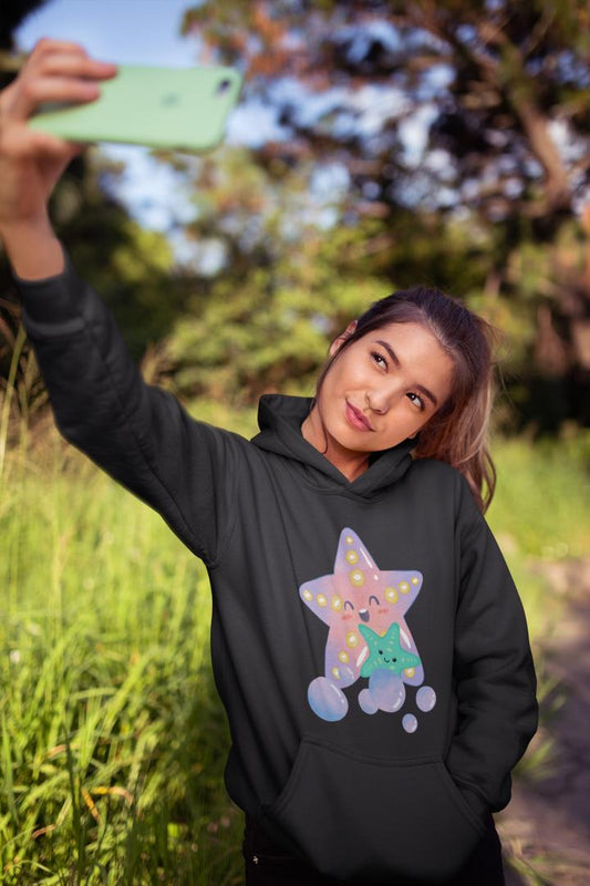 Women's Starfish with Kids Hoodie Sweatshirt Black by ZealforTee