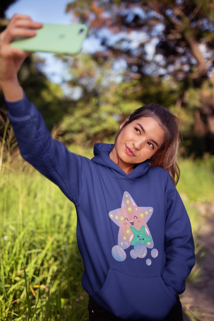 Women's Starfish with Kids Hoodie Sweatshirt Black by ZealforTee