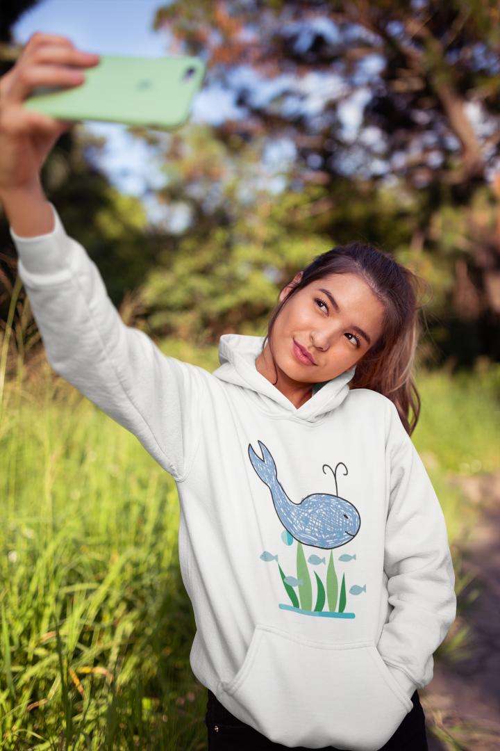 Women's Crayon Whale Hoodie Sweatshirt Light Baby Pink by ZealforTee