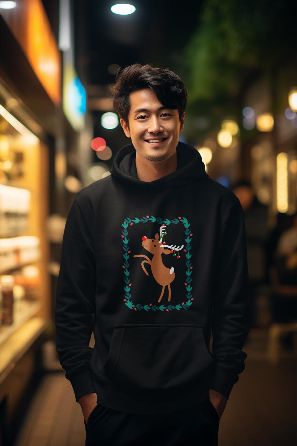 Men's Reindeer Christmas Hoodie Sweatshirt Black by ZealforTee
