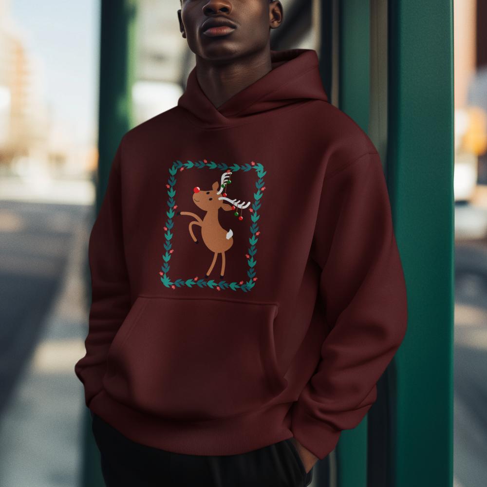 Men's Reindeer Christmas Hoodie Sweatshirt Maroon by ZealforTee