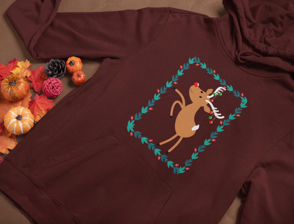 Men's Reindeer Christmas Hoodie Sweatshirt Maroon by ZealforTee