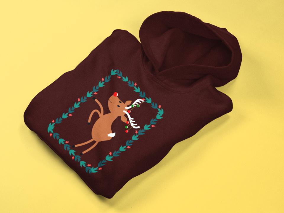 Men's Reindeer Christmas Hoodie Sweatshirt Maroon by ZealforTee