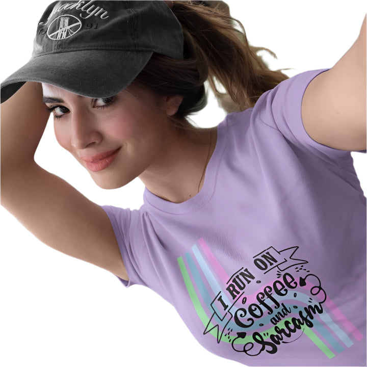 Women's Coffee and Sarcasm T-shirt Iris Lavender by ZealforTee