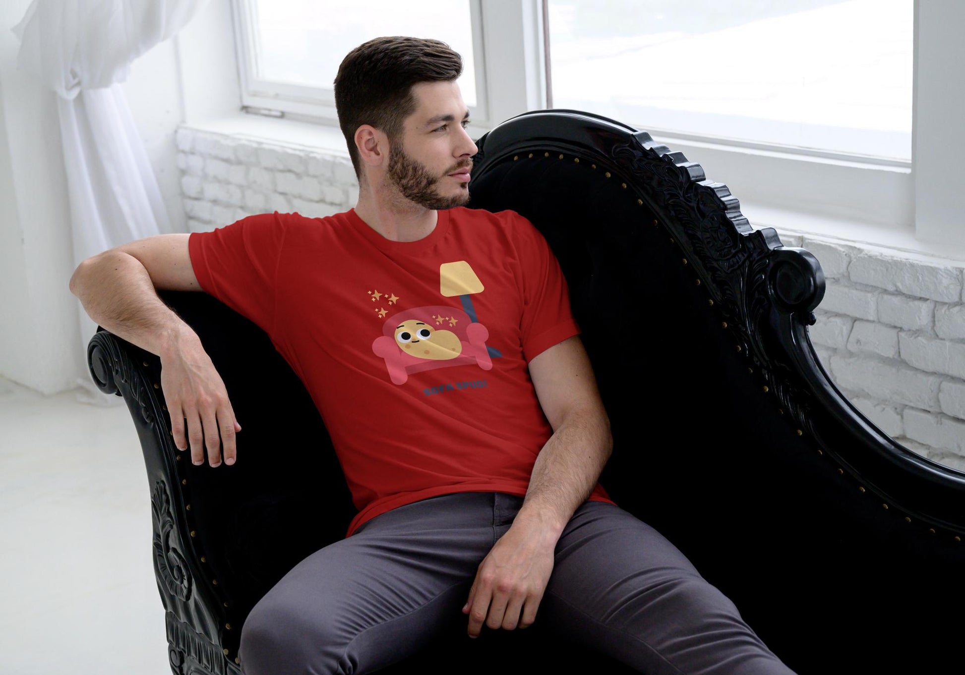 Men's Round Neck Sofa Spud T-shirt Red by ZealforTee