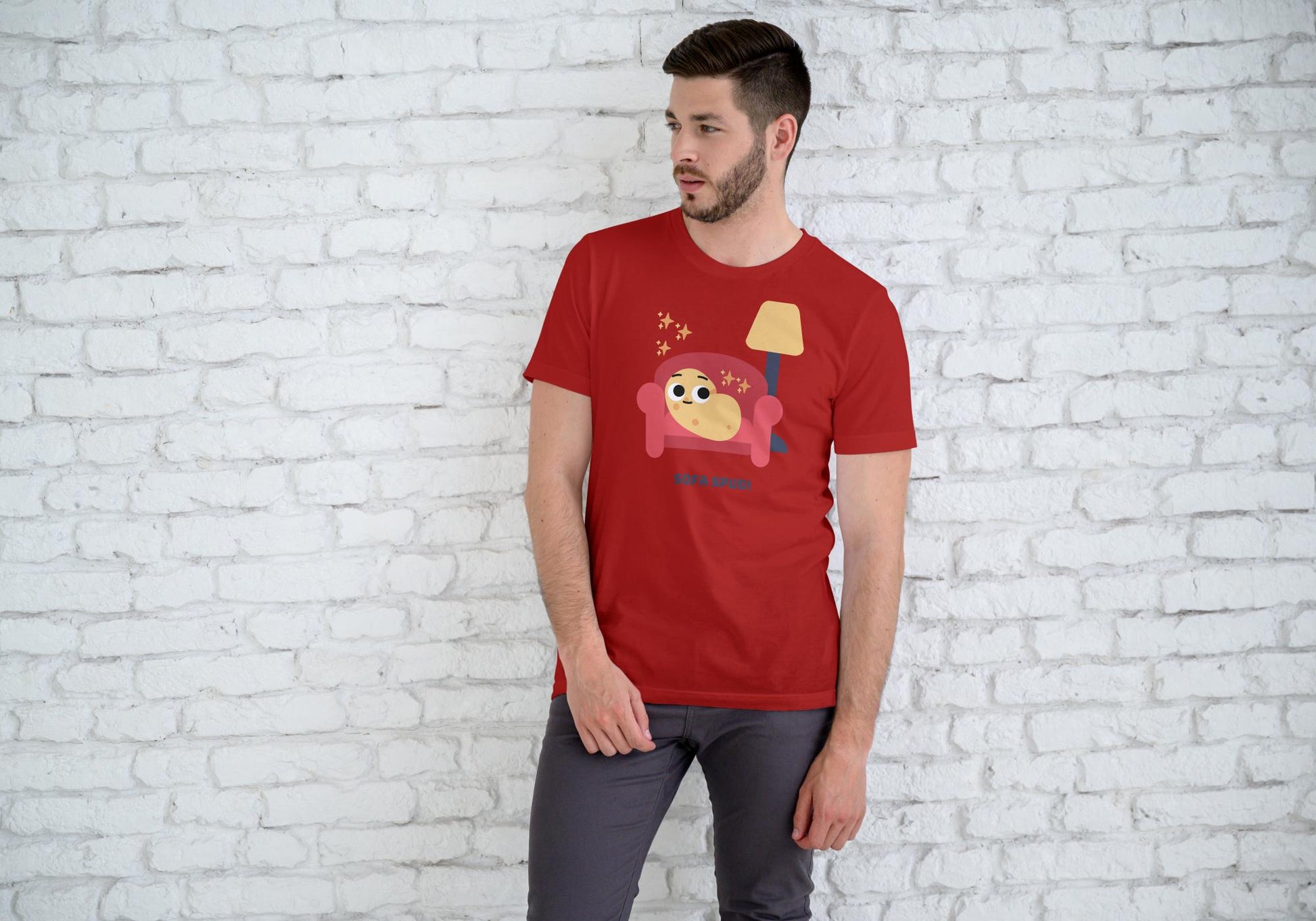 Men's Round Neck Sofa Spud T-shirt Red by ZealforTee